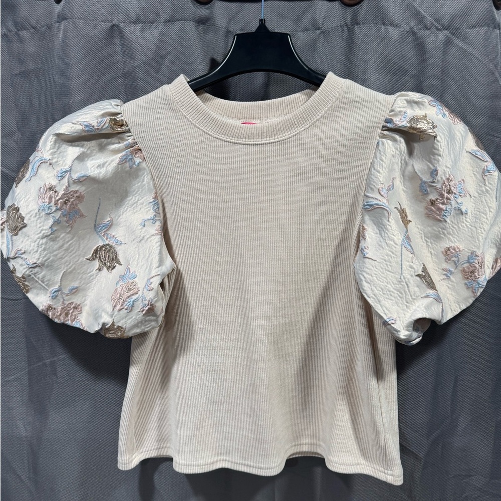 THML Cream Top with Floral Puff Sleeves